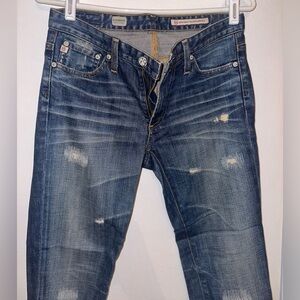 AG Premiere Skinny Straight distressed blue jeans